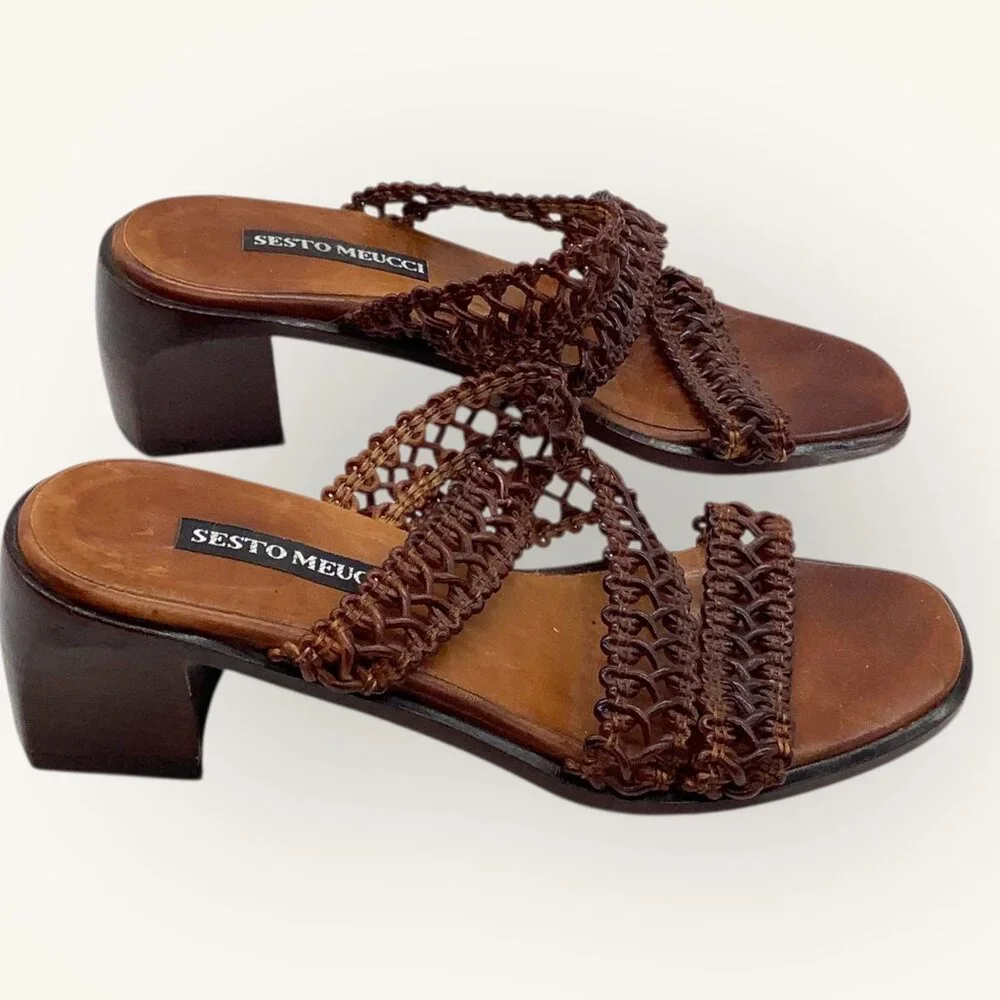 Vintage 90s Sesto Meucci Italian Leather Sandals 6 Woven Mule 2